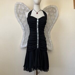 Y2K Dark Romantic Fairy Goth Black Halter Dress Sequin Ruffle Mesh Party 90s VTG